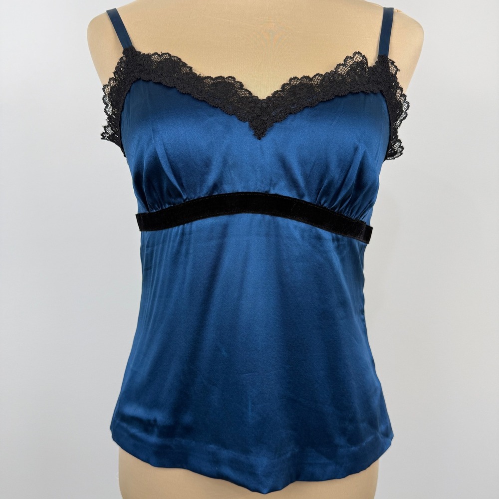 Vintage Y2K Yansi Fugel Babydoll Cami Top 6 Blue Silk Lace Coquette Going‎ Out